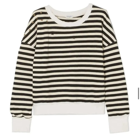 Splendid West Village Embellished Distressed Striped Cotton-Blend Sweatshirt - Picture 1 of 11